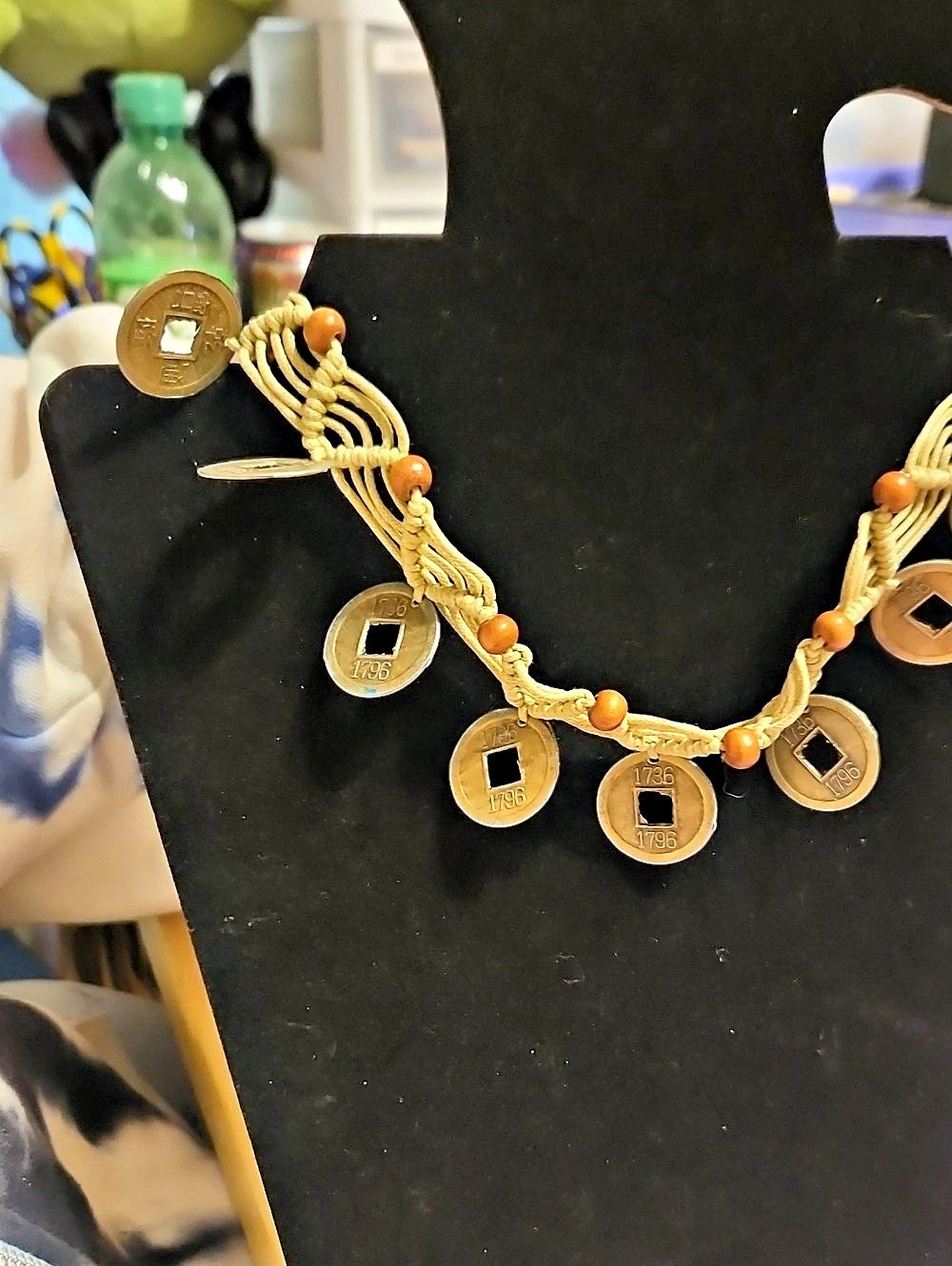Vintage-style Macrame Chocker Necklace With Chinese Feng Shui/I Ching Coins